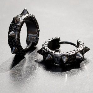 Mens Black Plated Sterling Silver Fully Iced Cz Spike Thorn Small Hoop Earrings